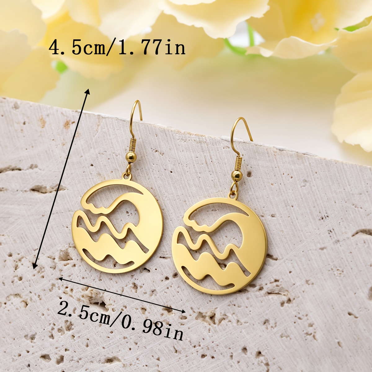 Women's Stainless Steel Round Ocean Wave Hook Drop Earrings, Beach Style
